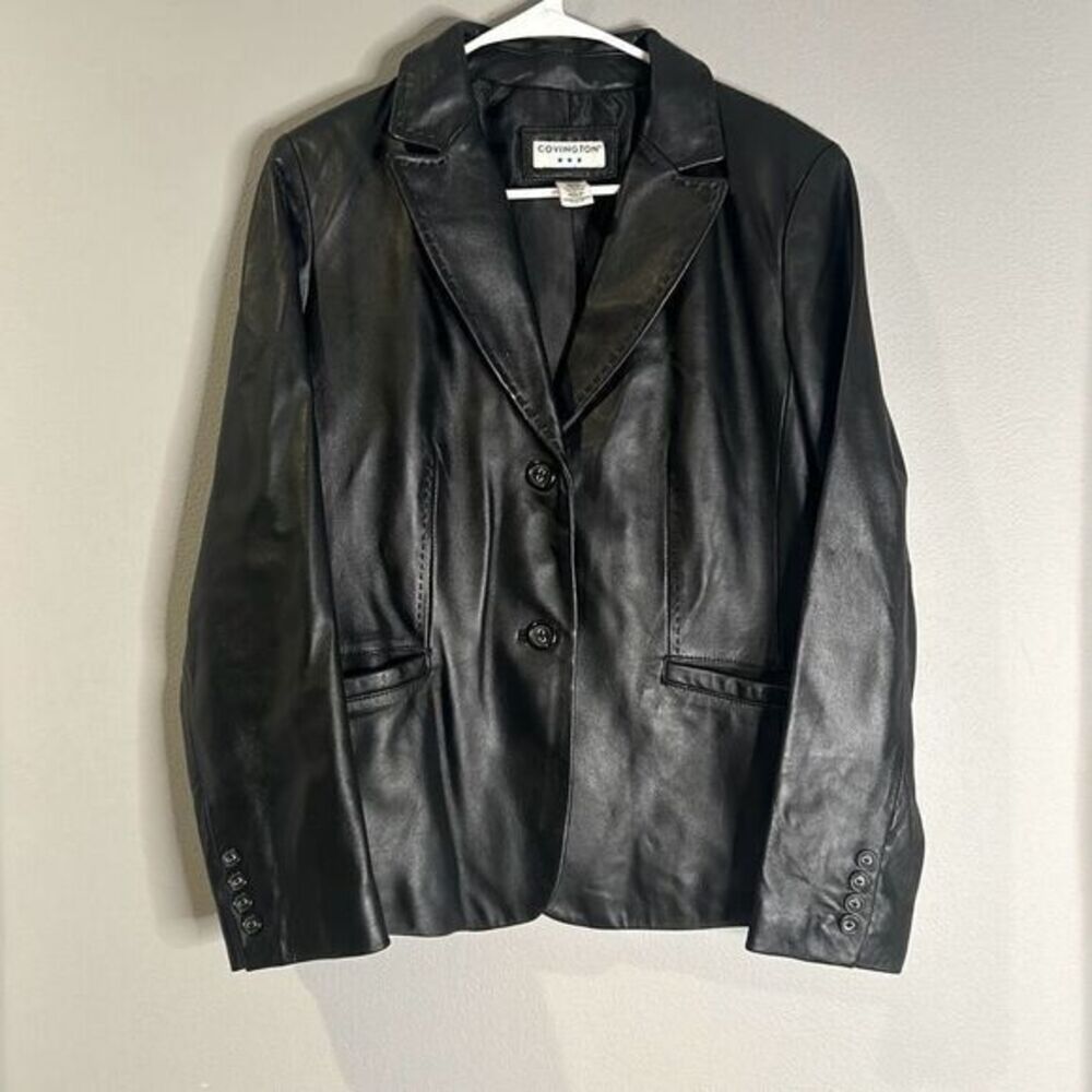 Covington woman's black‎ leather jacket biker business casual
